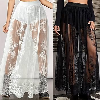 Amazon.com: ZHOUSUFEN Long Skirt 2 in1 Lace Sheer Skirt See